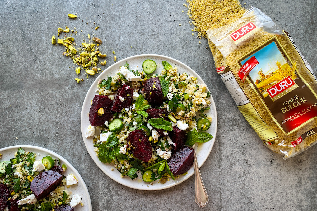 Spring Bulgur, Pistachio, Feta and Beetroot Salad Recipe. Image supplied.