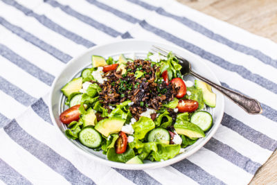 Easy Greek Pulled Vegan Lamb Salad Recipe. Image supplied.
