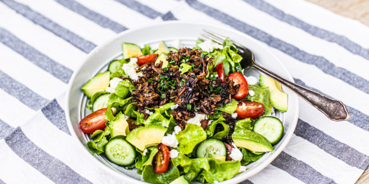 Easy Greek Pulled Vegan Lamb Salad Recipe. Image supplied.