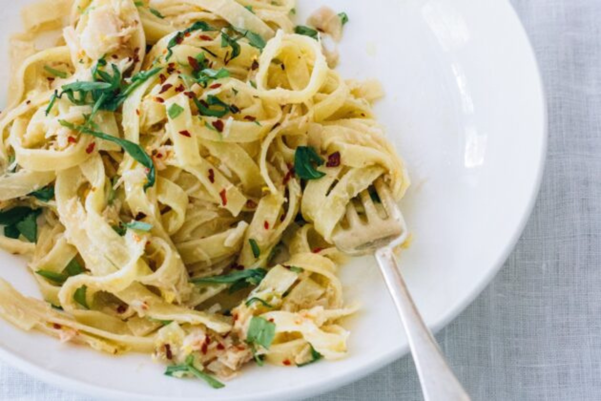 Easy Summer Crab and Tarragon Gin Tagliatelle Pasta Recipe. Image supplied.