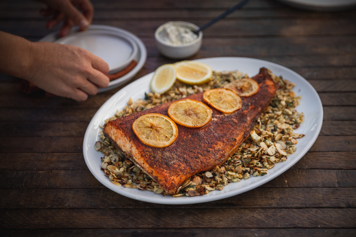 Hot Smoky Salmon with Roasted Cauliflower Rice Recipe. Image supplied.