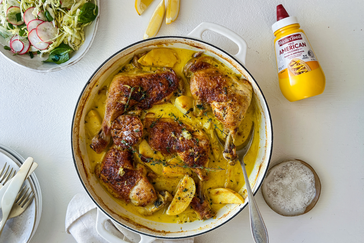 Tom Walton's Honey Mustard Chicken with Shaved Cabbage Salad Recipe. Image supplied.