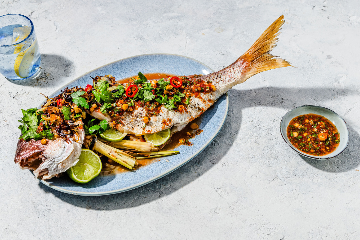 BBQ Snapper with Maple, Lemongrass and Chilli Dressing Recipe. Image supplied.