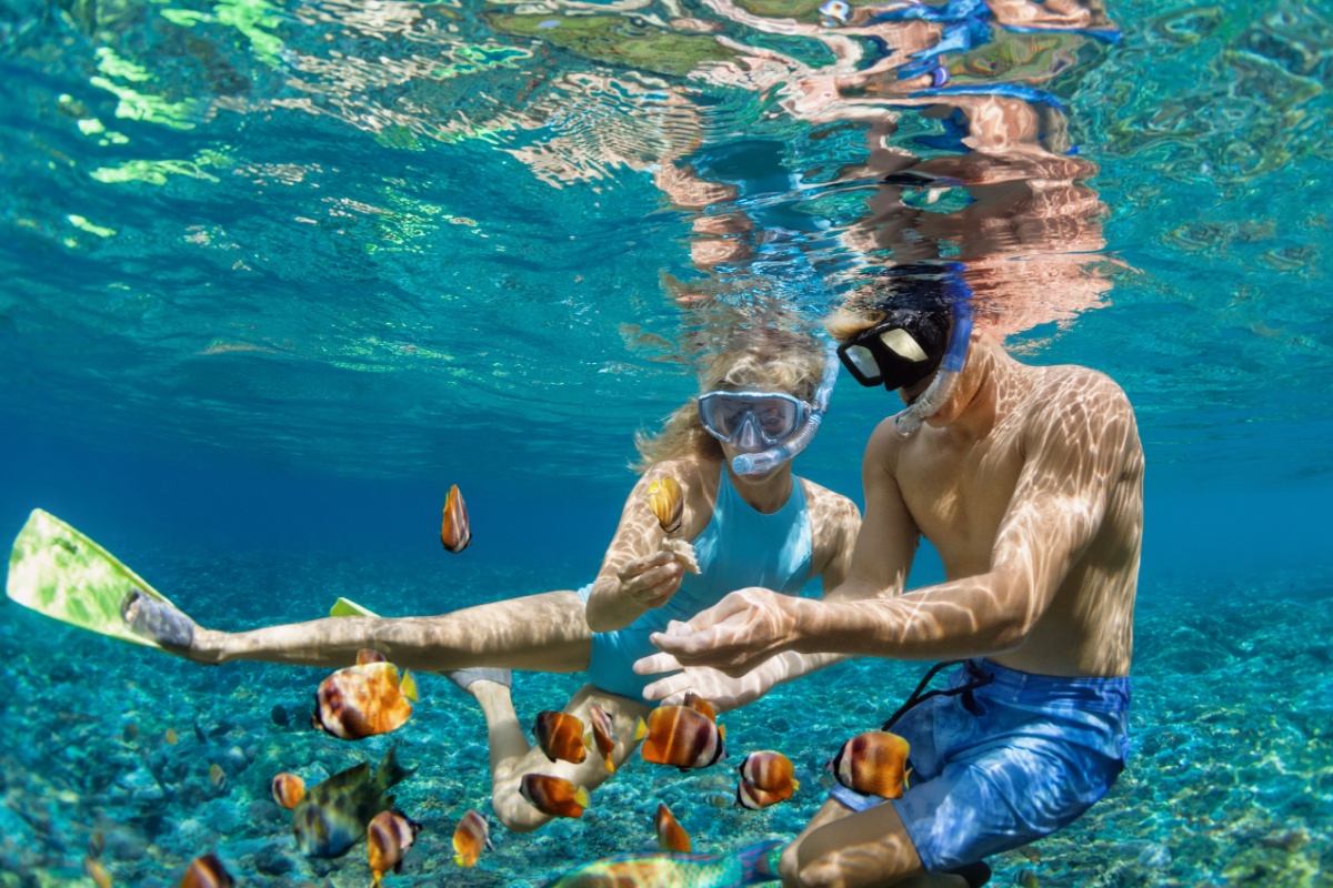 Young couple snorkelling. Photography by Denis Moskvinov. Image via Shutterstock