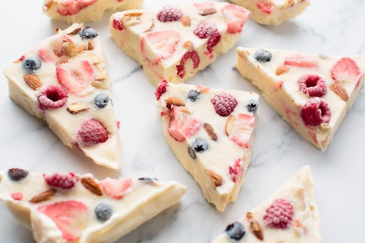 Frozen Strawberry, Maple and Yoghurt Bark Recipe. Image supplied.