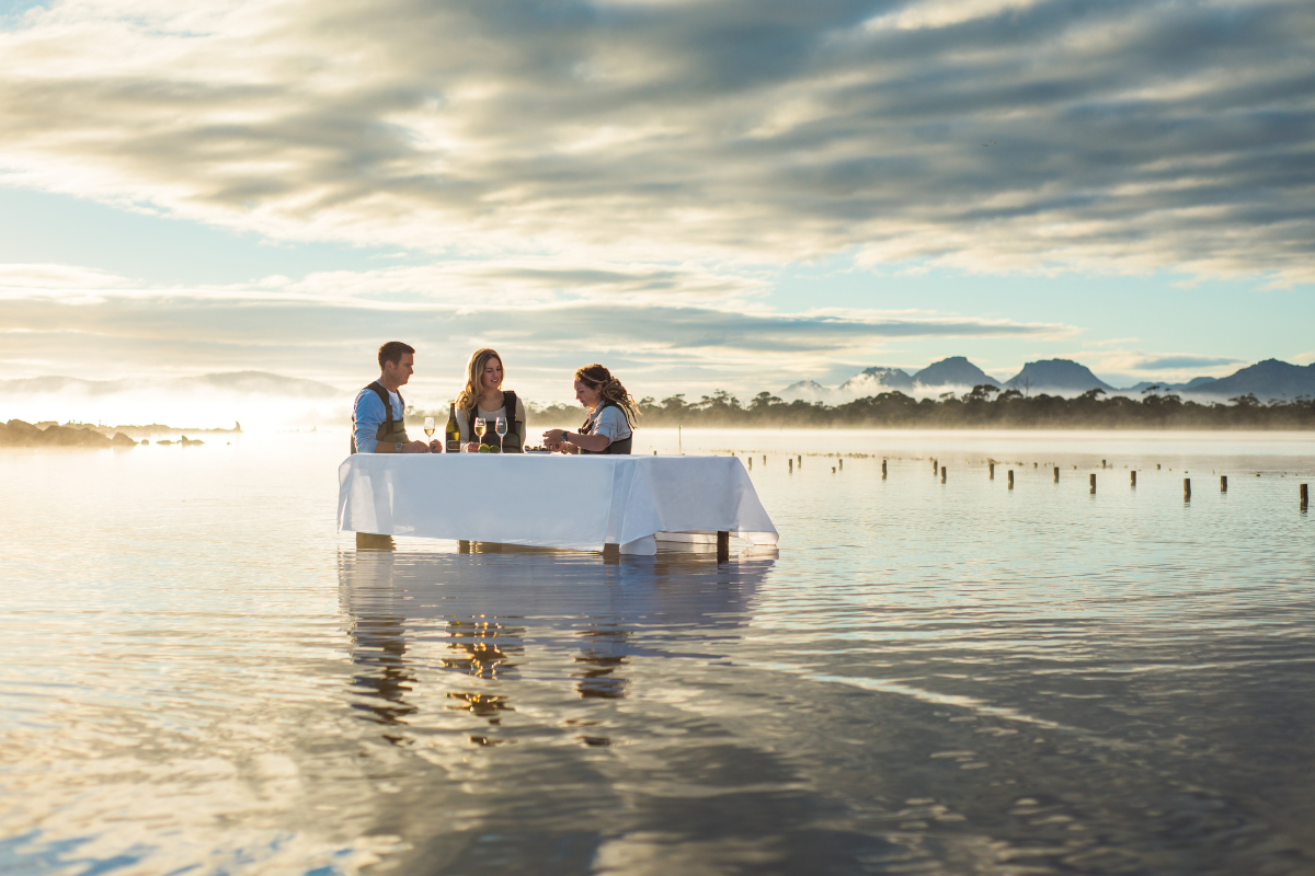 Saffire Freycinet Marine Oyster Farm. Supplied courtesy of Saffire Freycinet, via Tourism Tasmania