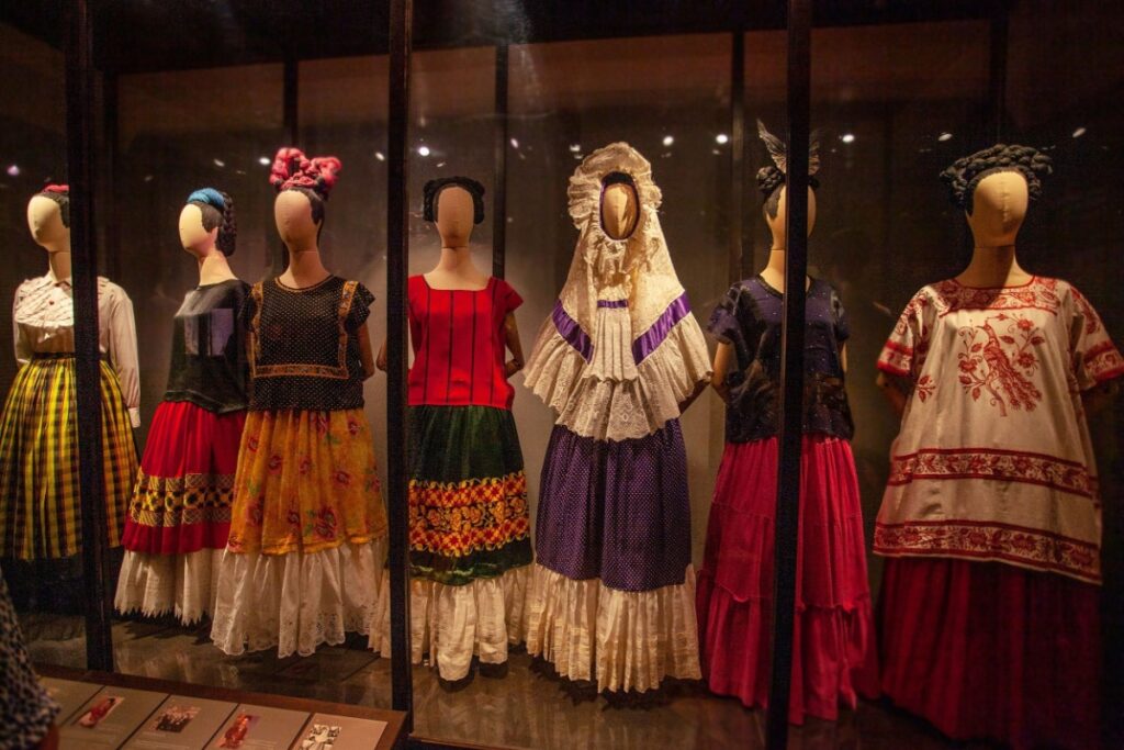 Exhibition of Frida Kahlo dresses. Photography by Alexandra Lande via Shutterstock