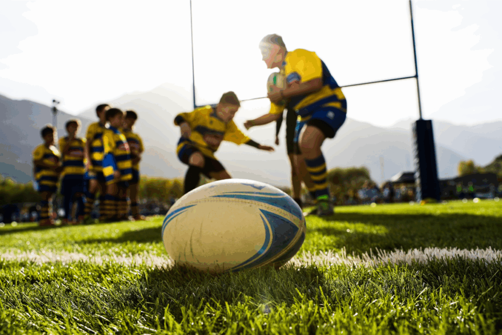 Rugby ball with rugby players. Photography by Magagina via Shutterstock