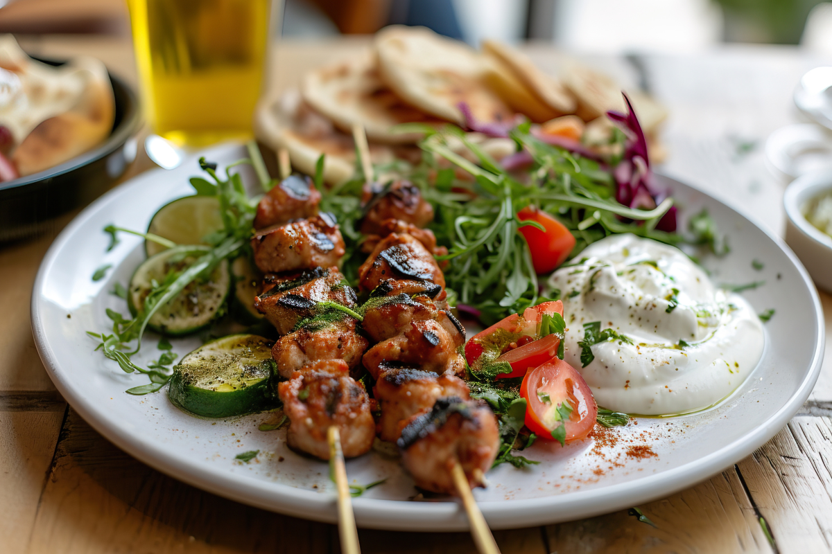 Souvlaki skewers in Greek restaurant. Photography by Metamore Studio via Shutterstock