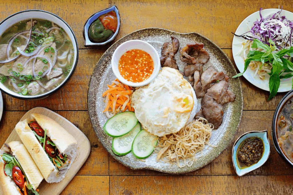 Top down shot of Vietnamese food. Photography by Myweathertop via Shutterstock